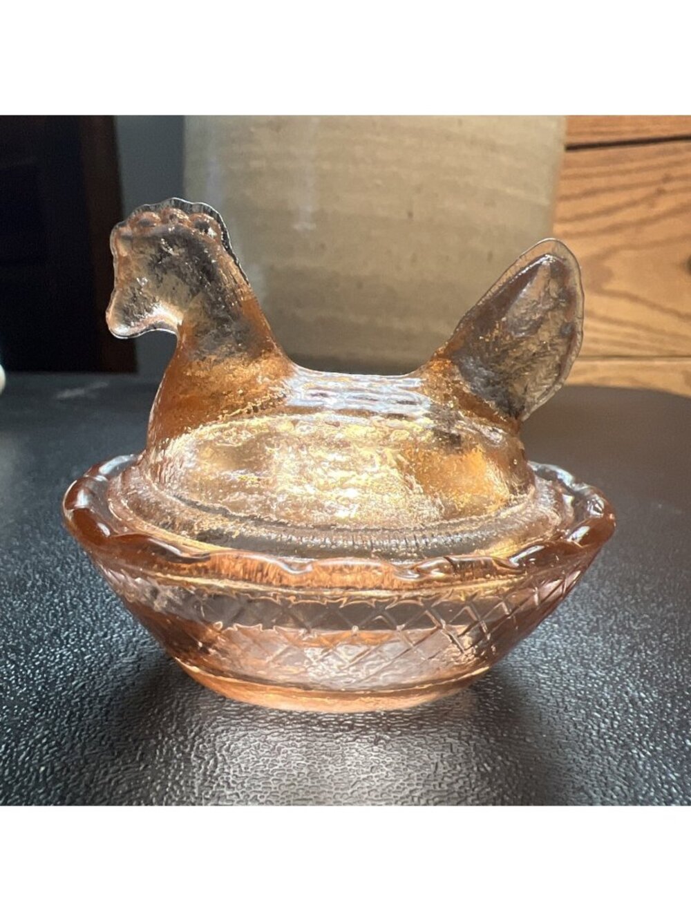 Vintage Peach Glass Hen on Nest with Scalloped Border 2.5" Salt Cellar